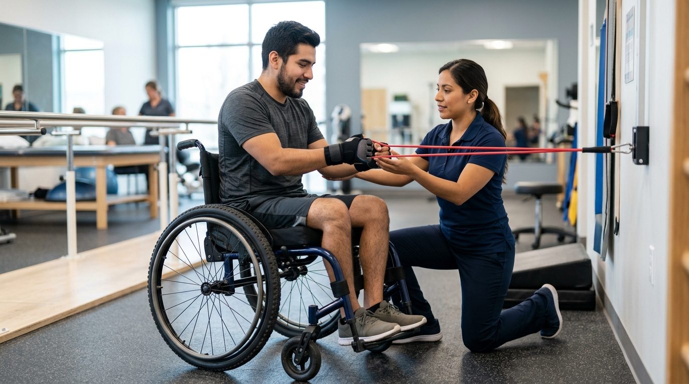 Joven en silla de ruedas trabajando con fisioterapeuta en gimnasio de rehabilitación por lesión medular.
