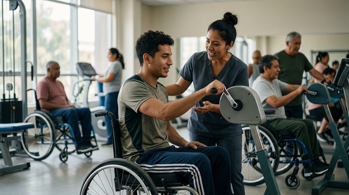 Joven en silla de ruedas trabajando con fisioterapeuta en gimnasio de rehabilitación de lesión medular.