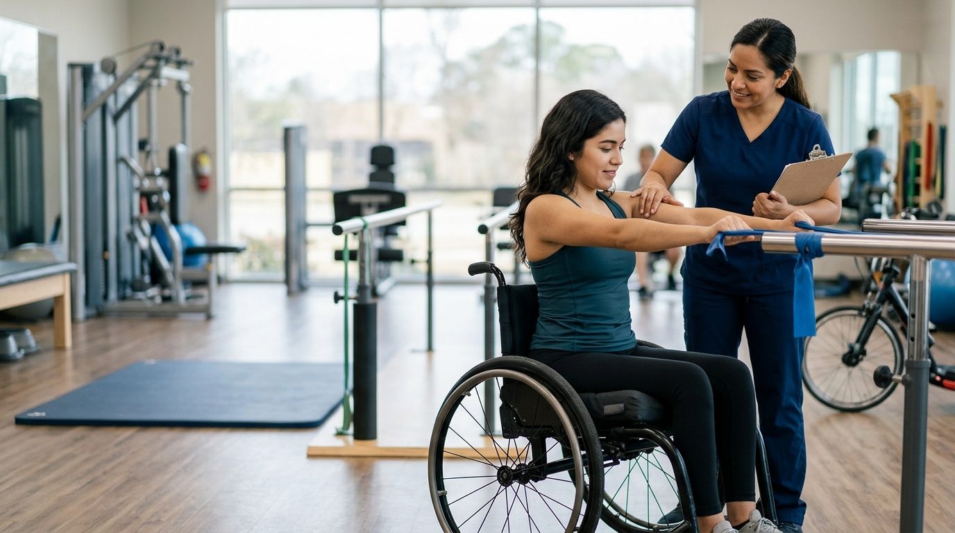 Joven en silla de ruedas trabajando con terapeuta en gimnasio de rehabilitación de lesiones de columna.
