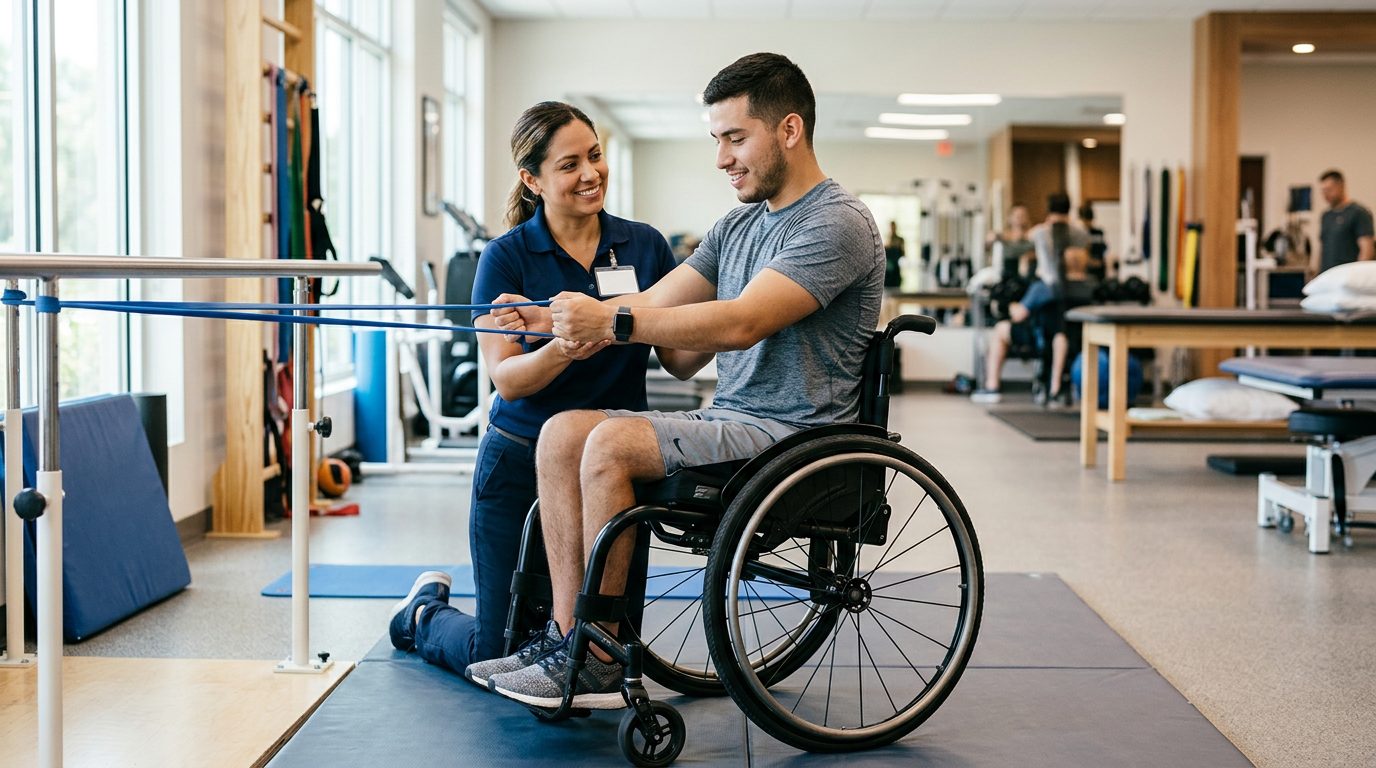 Joven en silla de ruedas trabajando con terapeuta en gimnasio de rehabilitación de lesión medular.