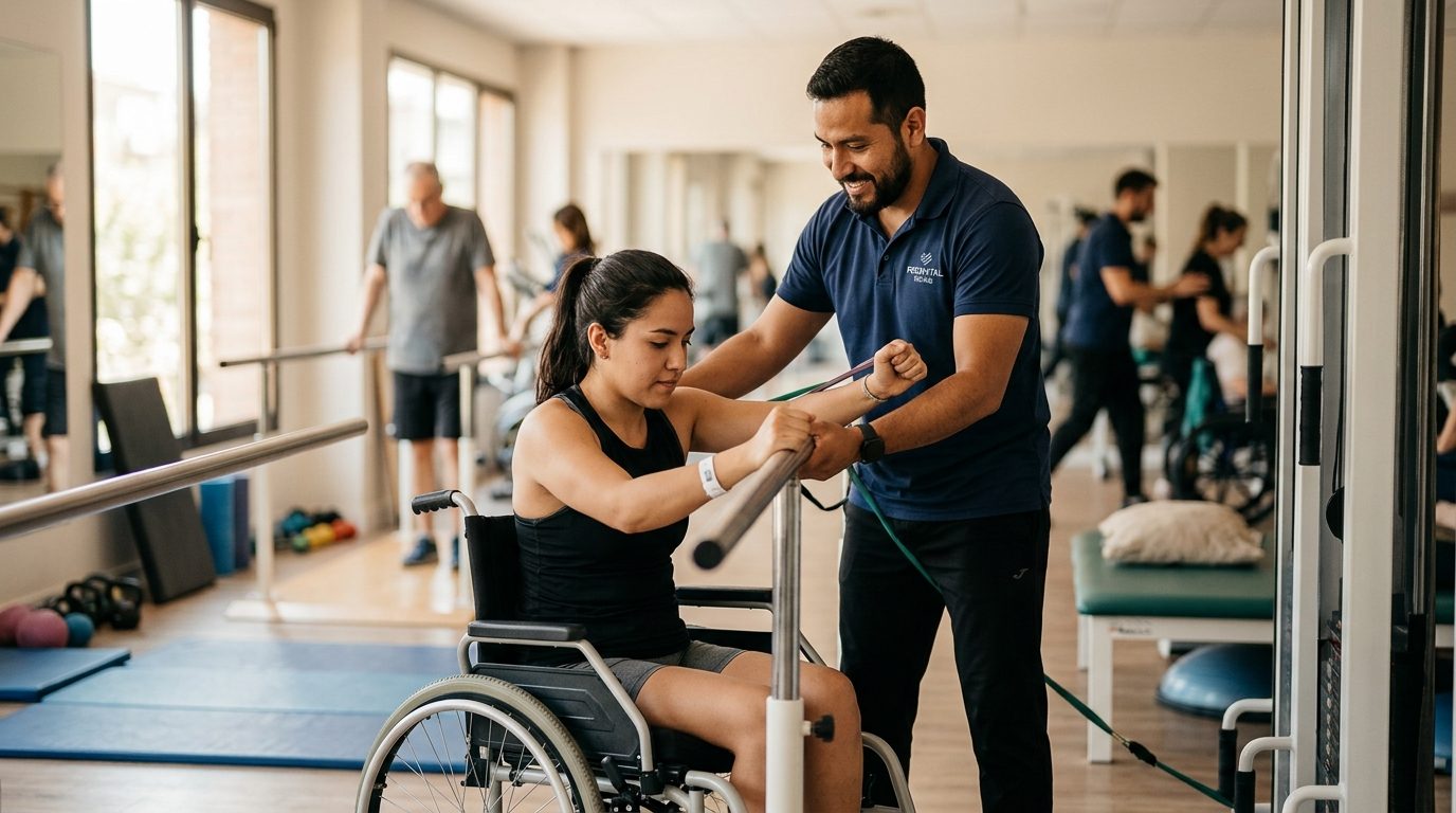 Joven en silla de ruedas trabajando con terapeuta en gimnasio de rehabilitación de lesión medular.