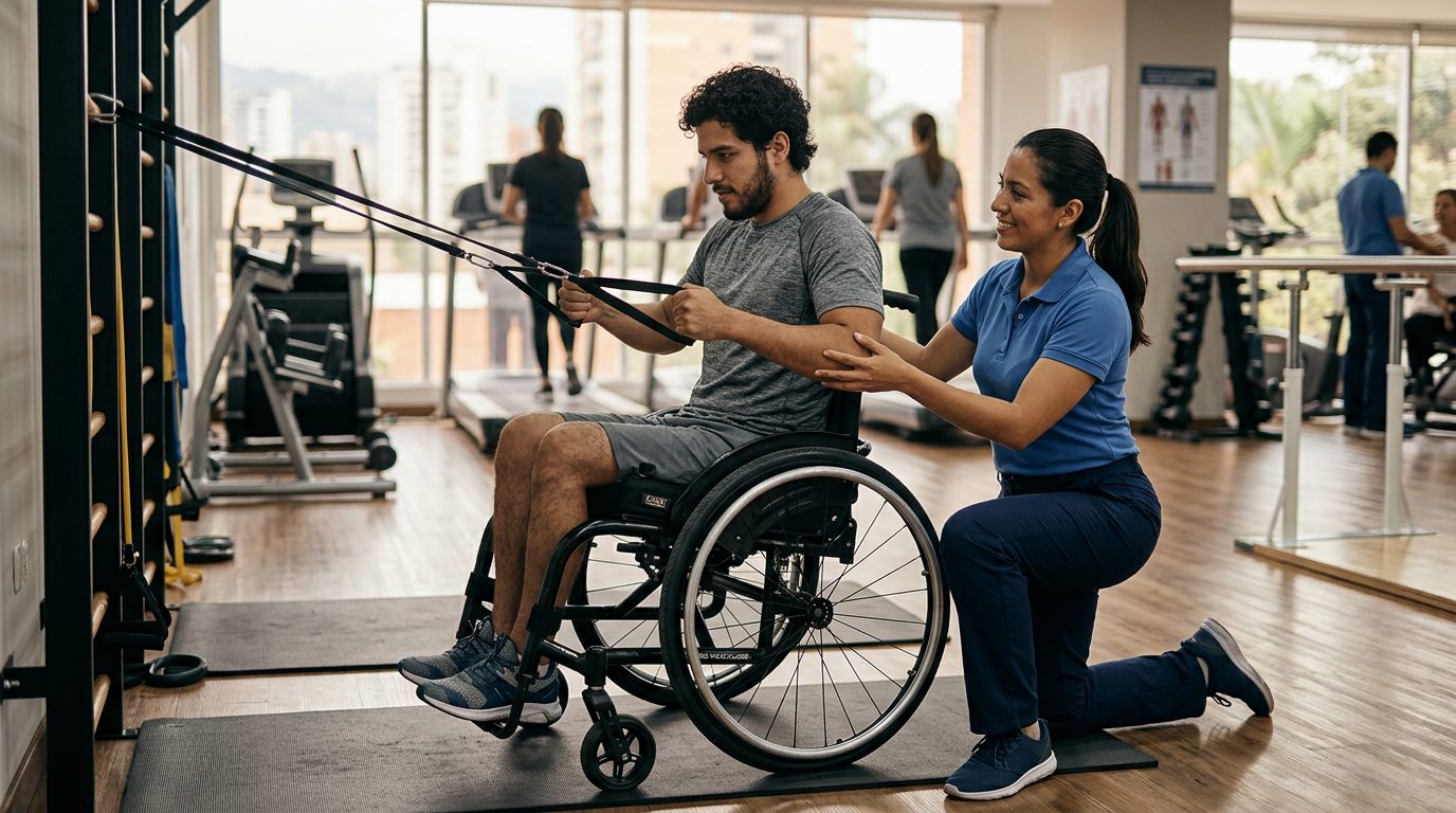 Joven en silla de ruedas trabajando con terapeuta en gimnasio de rehabilitación por lesión medular.