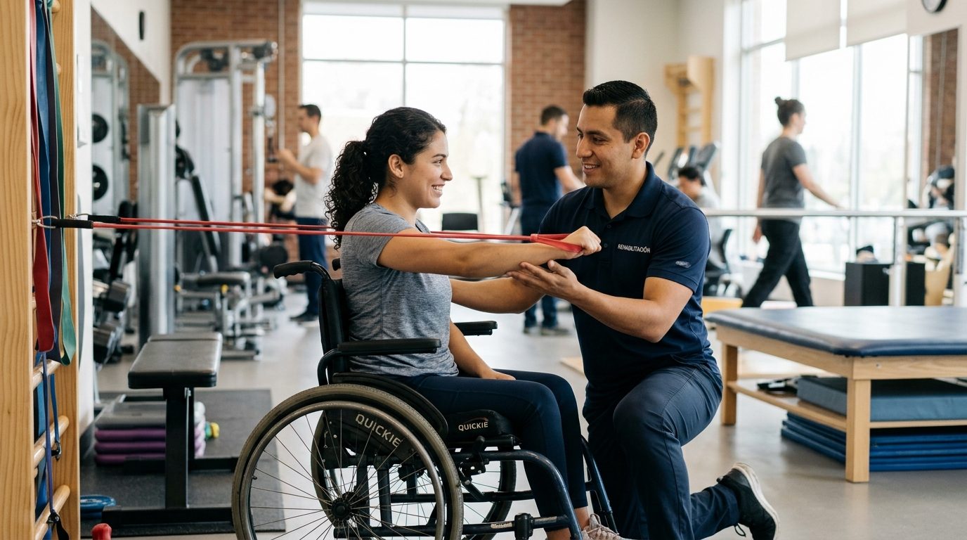 Joven en silla de ruedas trabajando con terapeuta en gimnasio de rehabilitación de médula espinal.