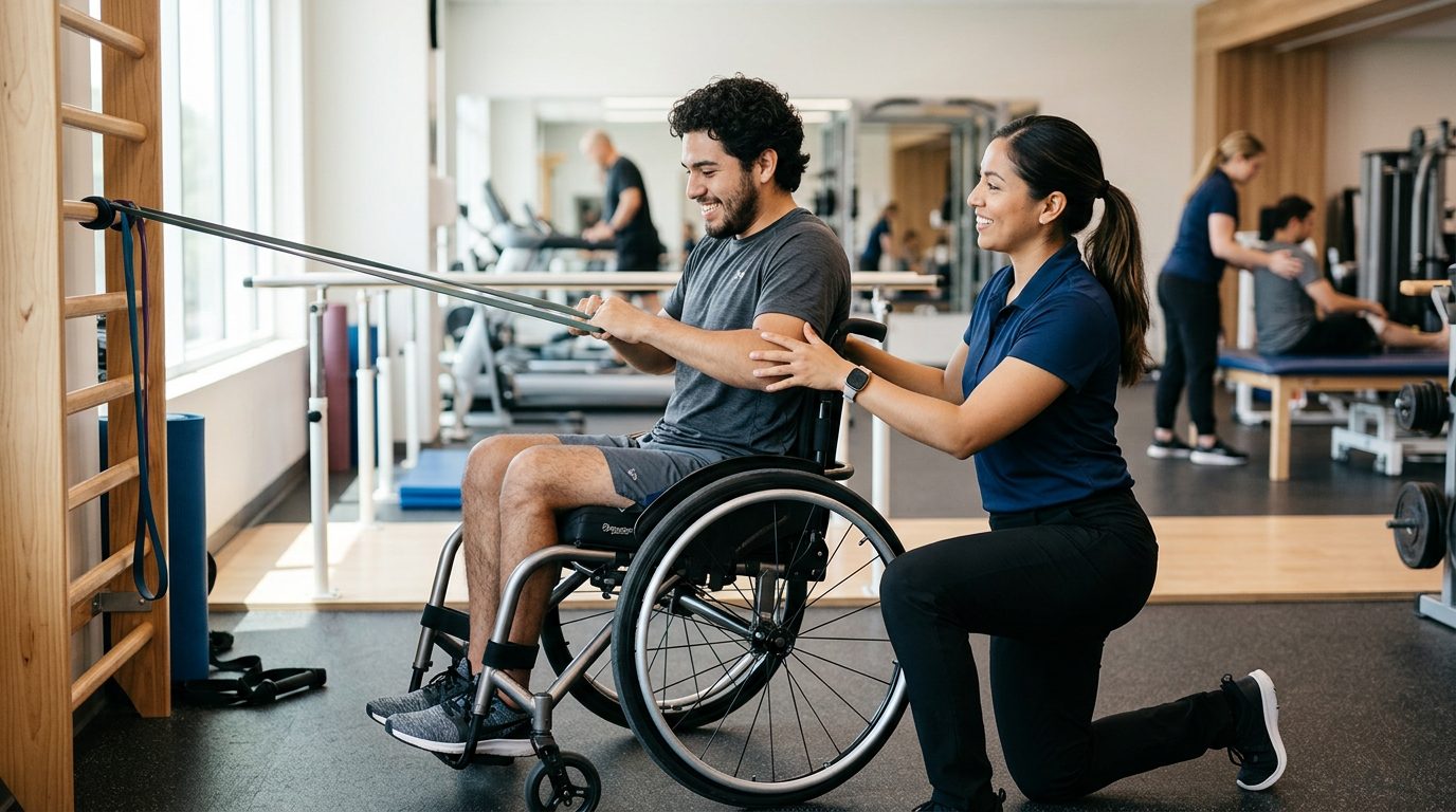 Joven en silla de ruedas trabajando con terapeuta en gimnasio de rehabilitación de lesión medular.