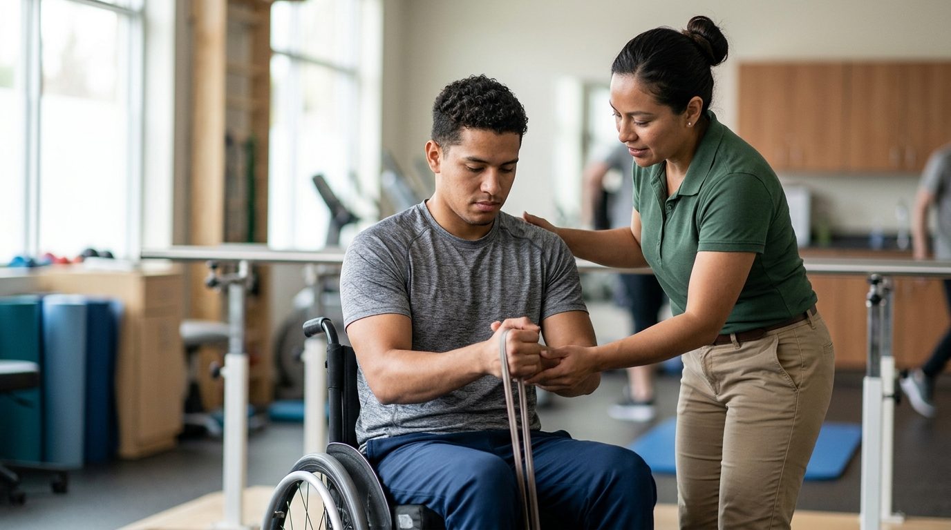 Joven en silla de ruedas trabajando con terapeuta en gimnasio de rehabilitación por lesión de médula espinal.