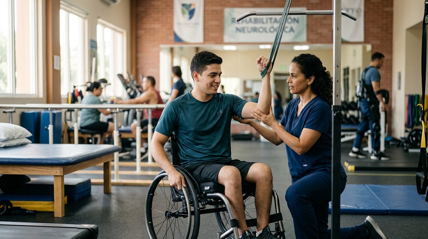 Joven en silla de ruedas trabajando con terapeuta en gimnasio de rehabilitación de lesión medular.