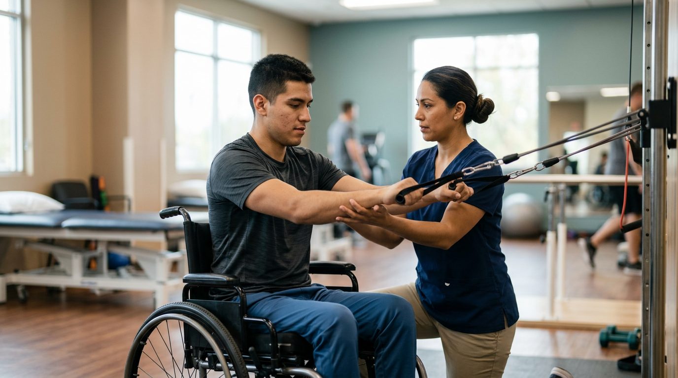 Joven en silla de ruedas trabajando con terapeuta en gimnasio de rehabilitación de lesión medular.