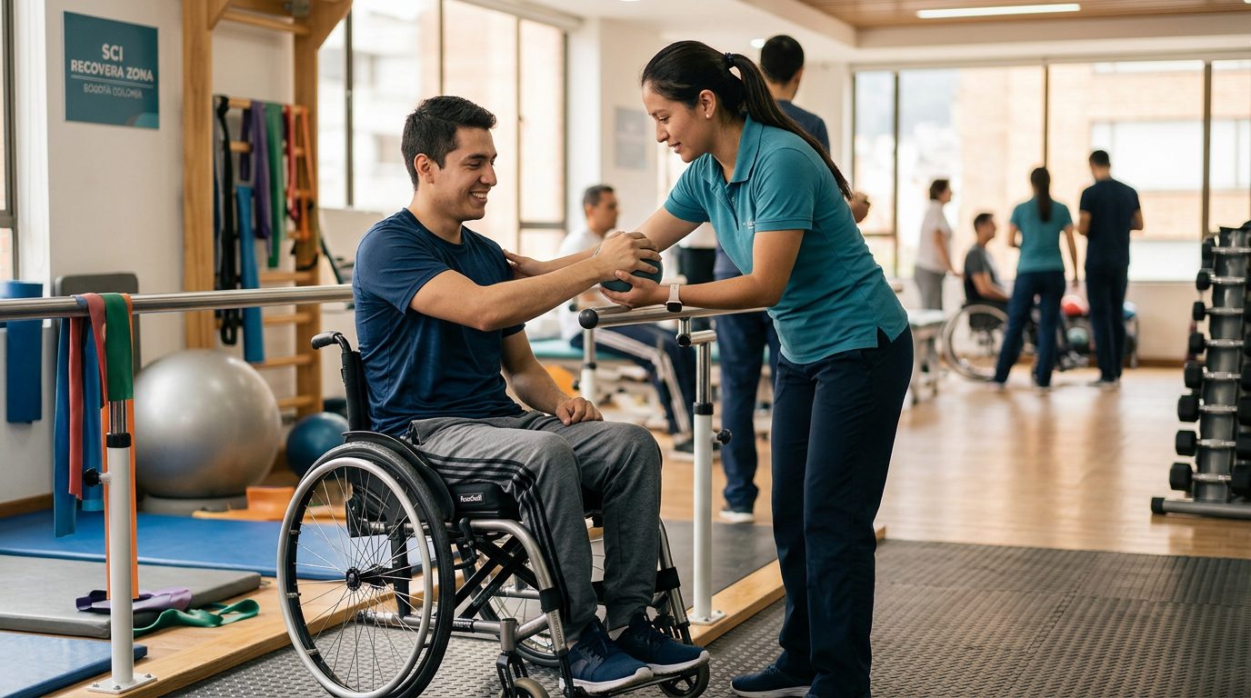 Joven en silla de ruedas trabajando con terapeuta físico en gimnasio de rehabilitación.