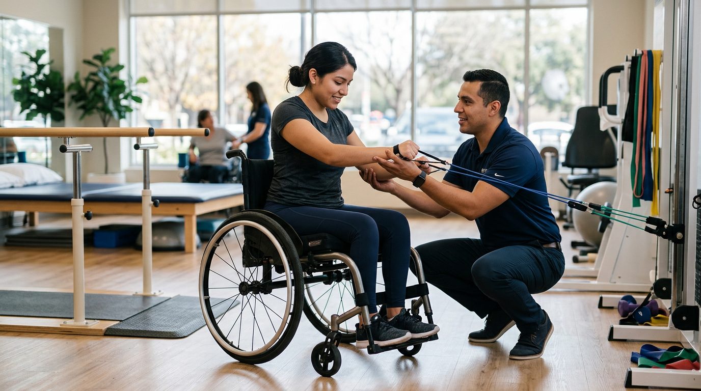 Joven en silla de ruedas trabajando con terapeuta físico en gimnasio de rehabilitación.