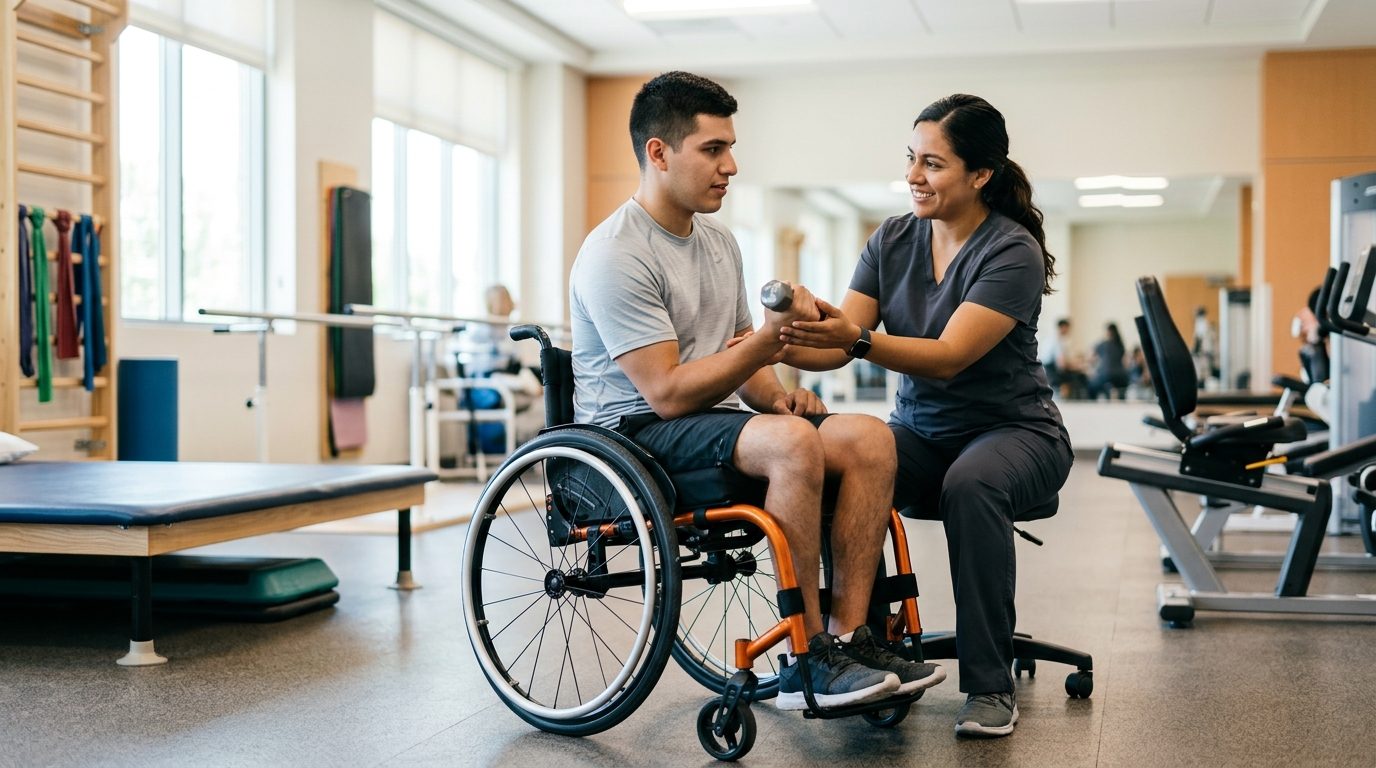 Joven en silla de ruedas trabajando con terapeuta físico en gimnasio de rehabilitación.