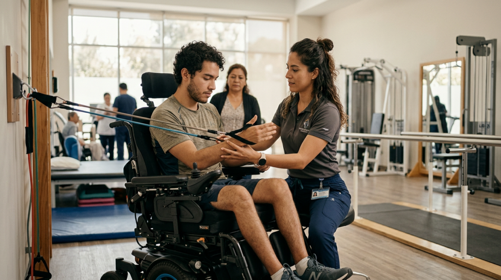 Joven en silla de ruedas trabajando con un fisioterapeuta en un gimnasio de rehabilitación de lesiones medulares.