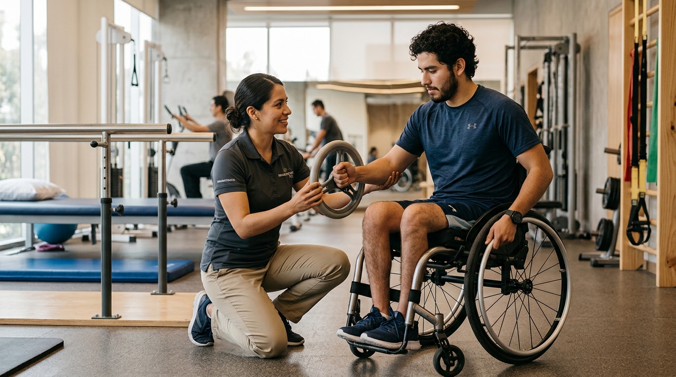 Joven en silla de ruedas trabajando con un fisioterapeuta en un gimnasio de rehabilitación.