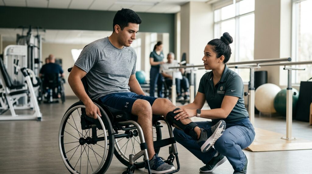 Joven en silla de ruedas trabajando con una fisioterapeuta en un gimnasio de rehabilitación.