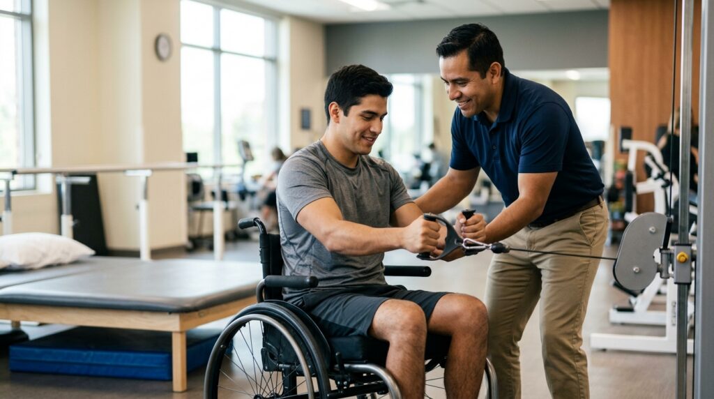 Joven hispano en silla de ruedas junto a fisioterapeuta en gimnasio de rehabilitación de lesiones de médula espinal.