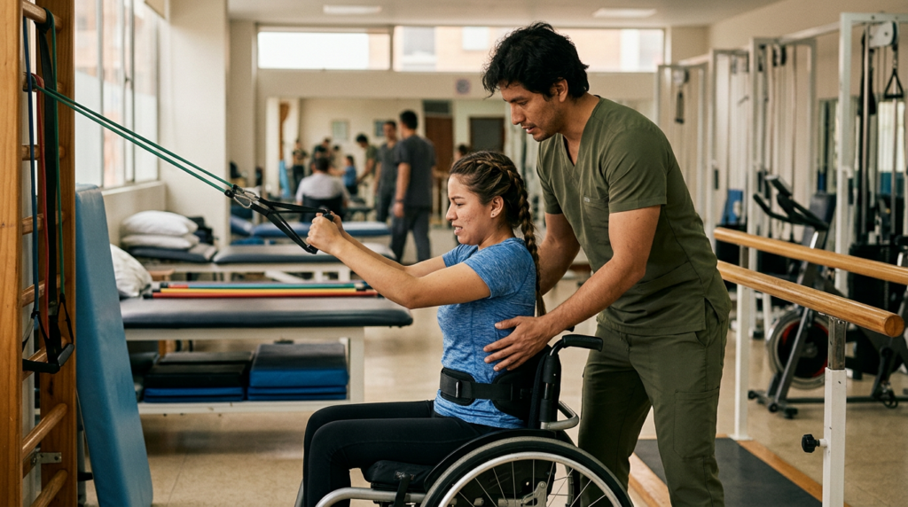 Joven hispano en silla de ruedas junto a fisioterapeuta en un gimnasio de rehabilitación de lesiones medulares.