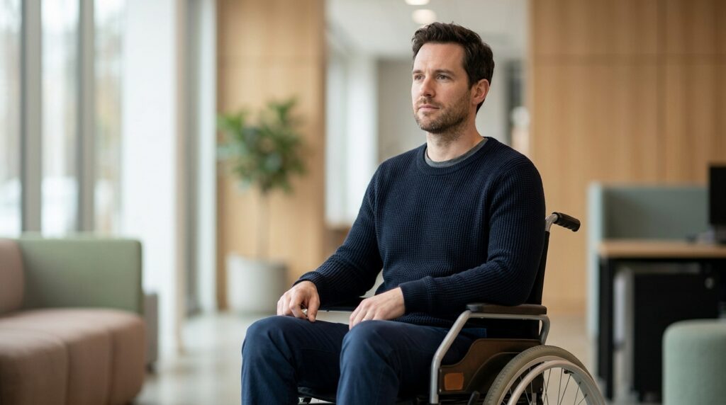Man in a wheelchair looking forward with quiet resolve after a catastrophic injury.