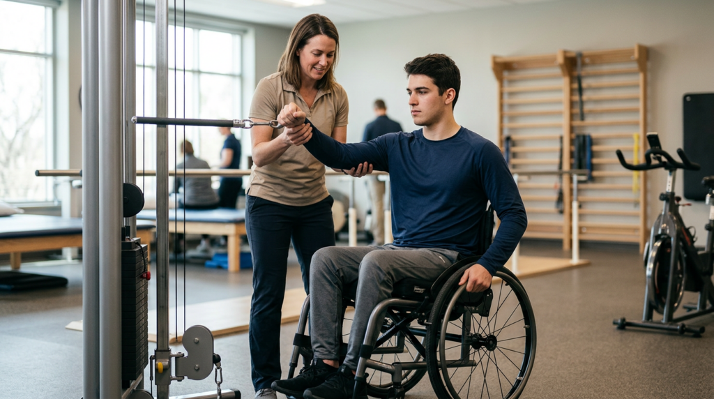 Man in wheelchair works with a physical therapist during spinal-cord-injury rehabilitation in a gym.