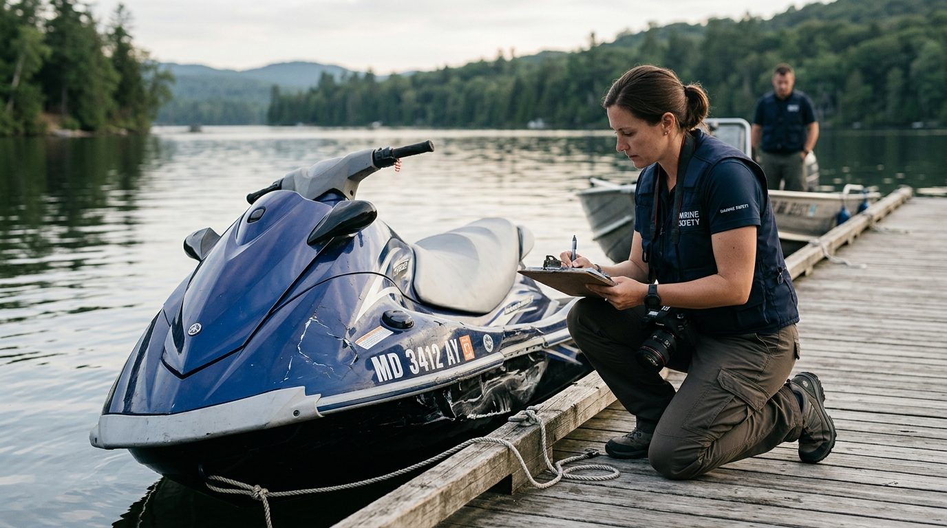Marine safety investigator documenting damage to a jet ski at a dock after an accident.