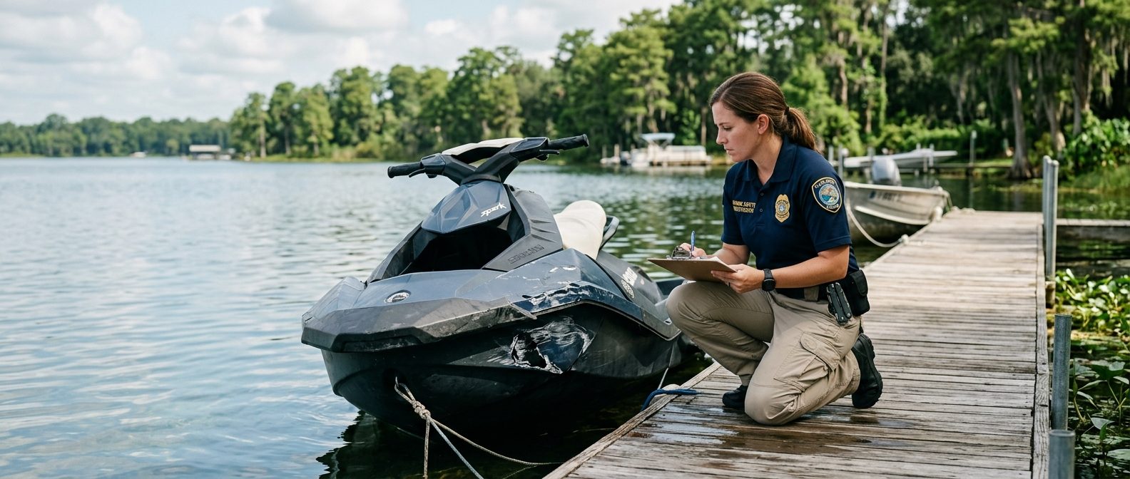 Marine safety investigator documenting damage to a jet ski at a dock.