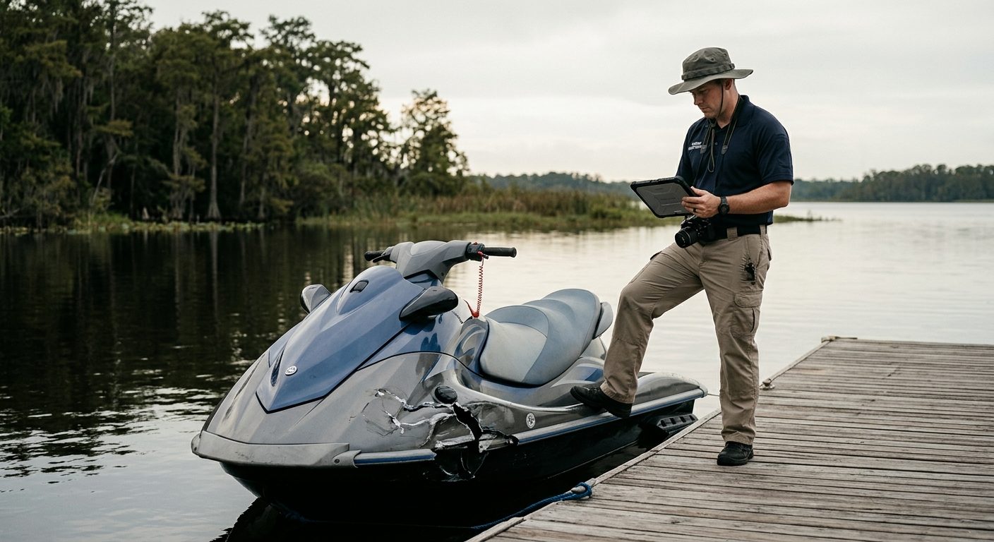 Marine safety investigator documenting damage to a jet ski at a dock.
