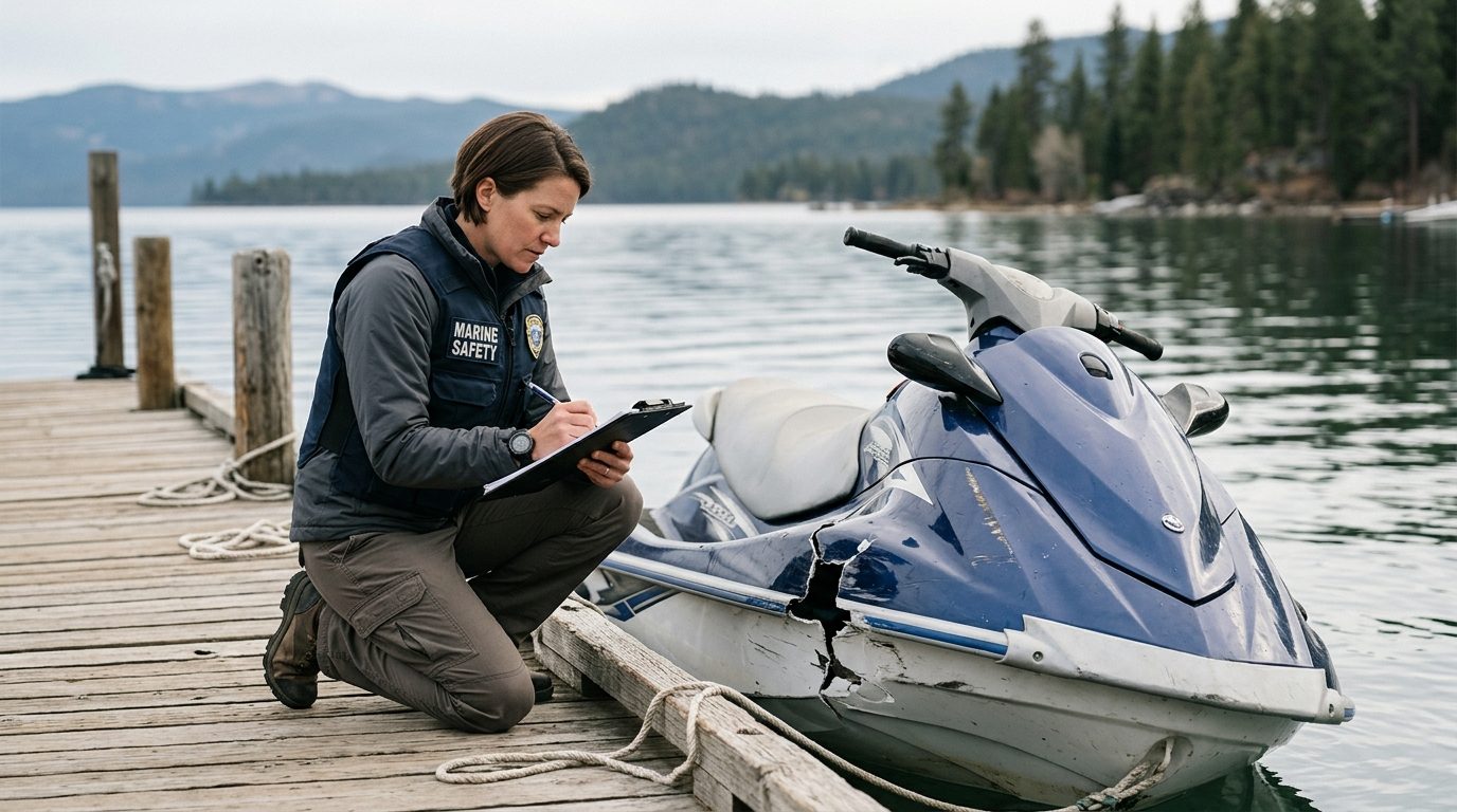 Marine safety investigator documenting damage to a jet ski at a dock.