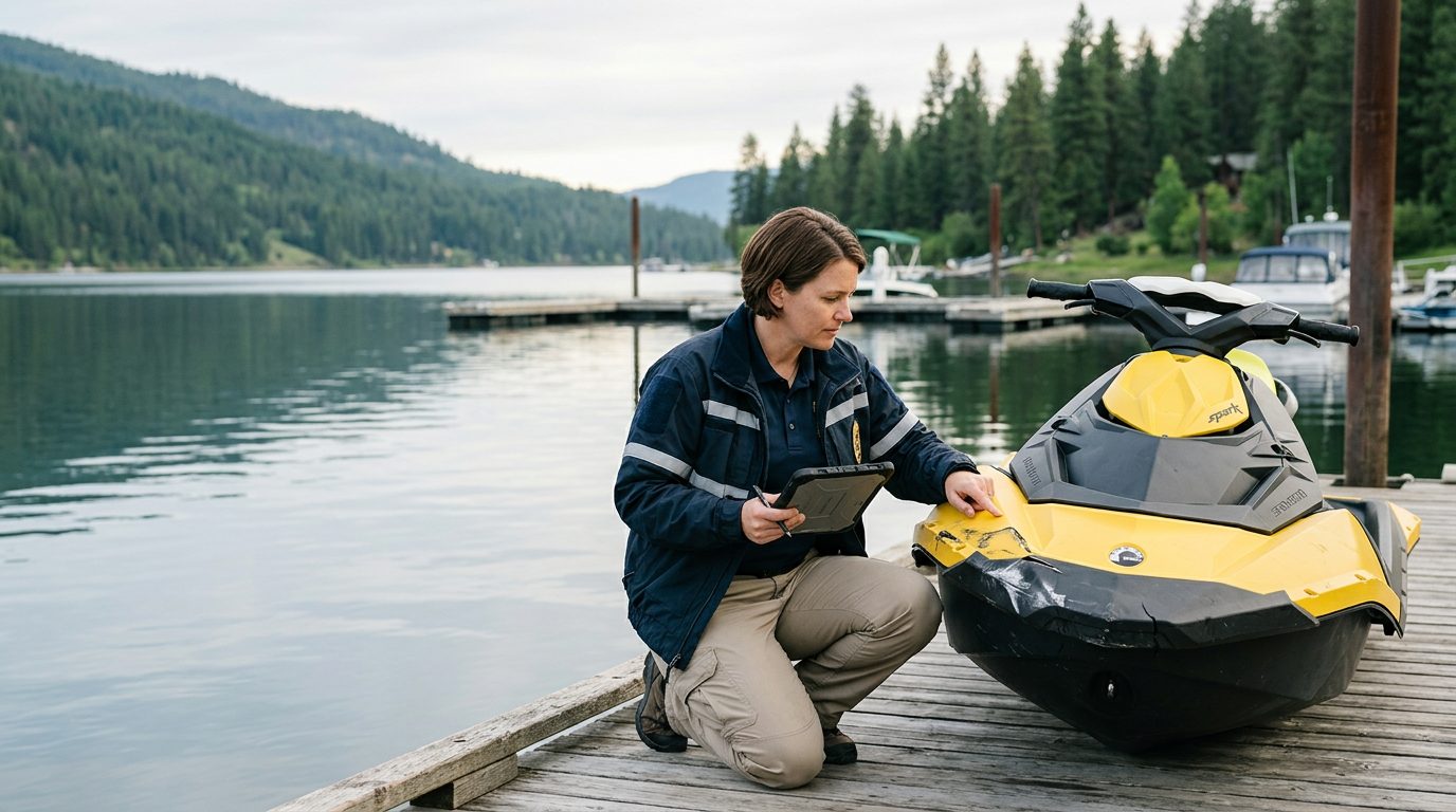 Marine safety investigator documenting damage to a jet ski at a dock.