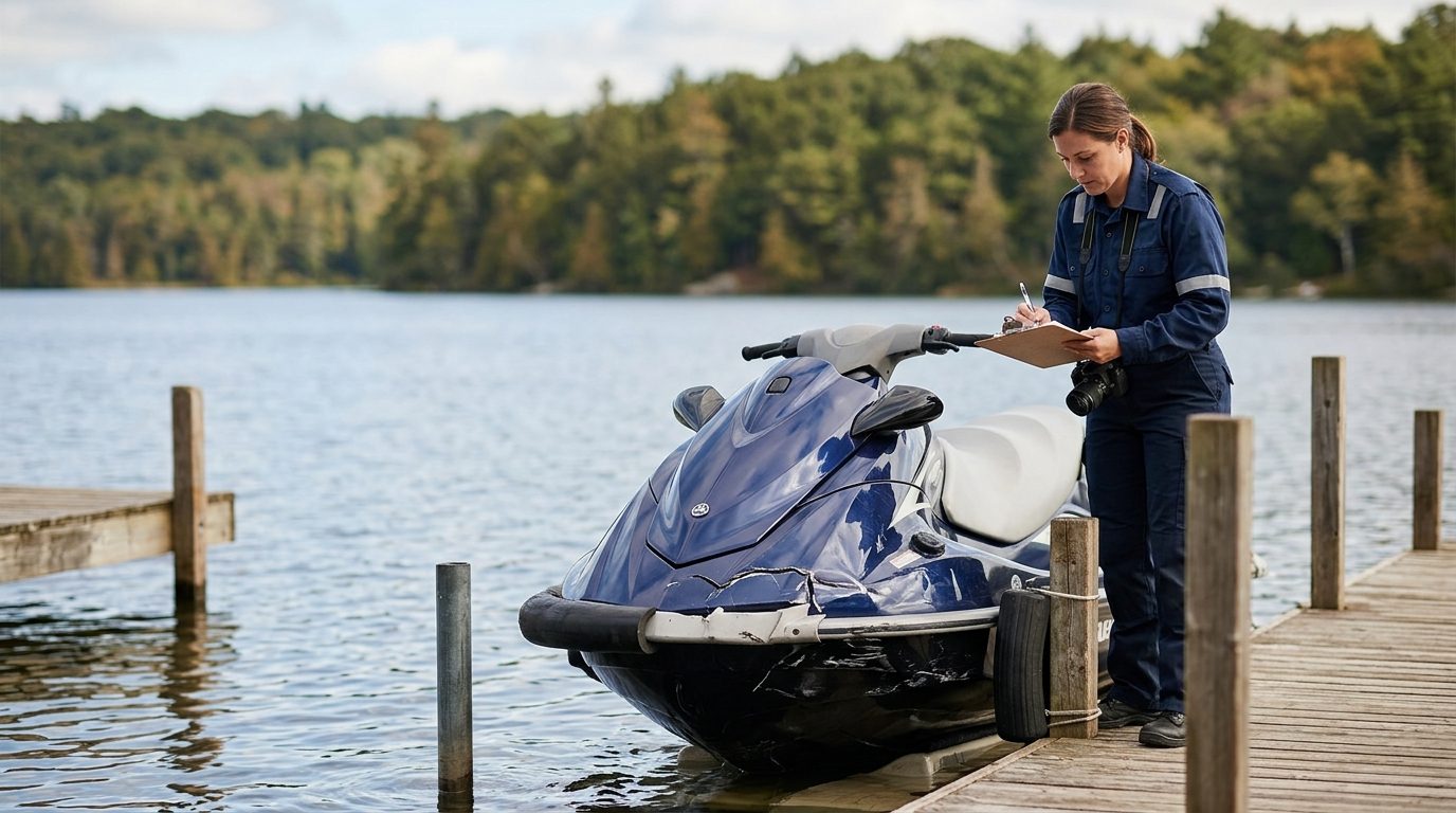 Marine safety investigator documenting damage to a jet ski at a dock after an accident.