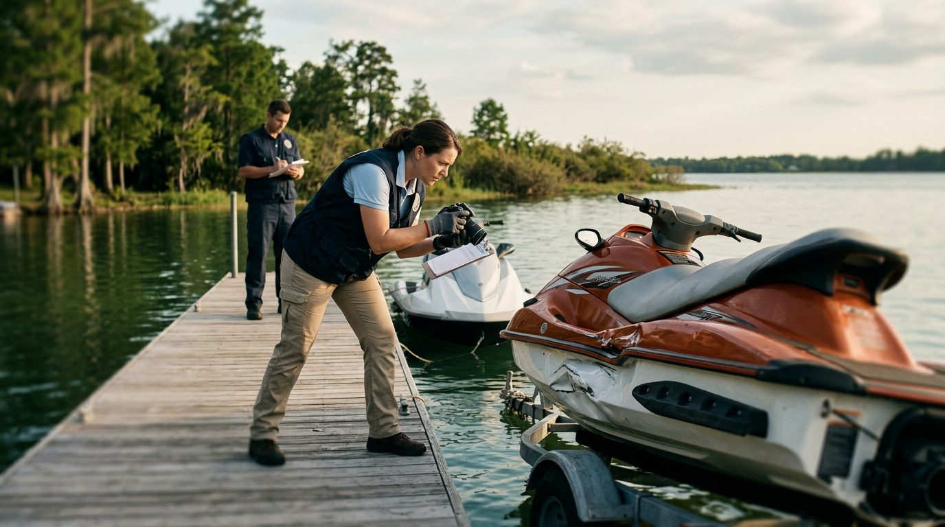 Marine safety investigator documenting damage to a jet ski at a dock.