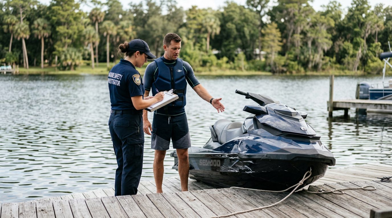 Marine safety investigator examining a damaged jet ski at a dock.