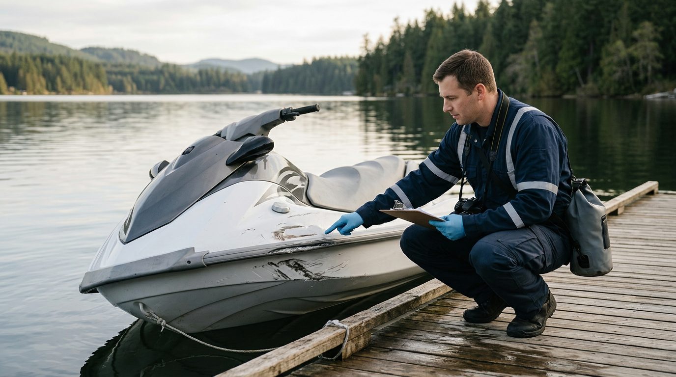 Marine safety investigator examining a damaged personal watercraft at a dock.