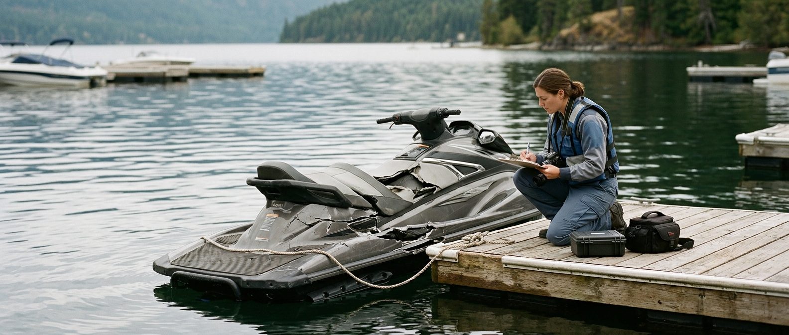 Marine safety investigator examining a damaged personal watercraft at a dock.