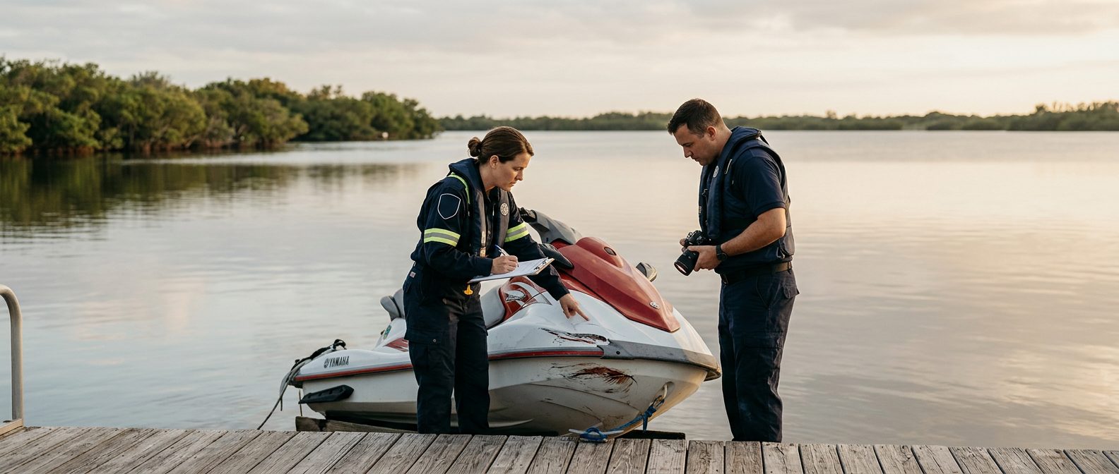 Marine safety investigator examining damaged jet ski at dock after accident.
