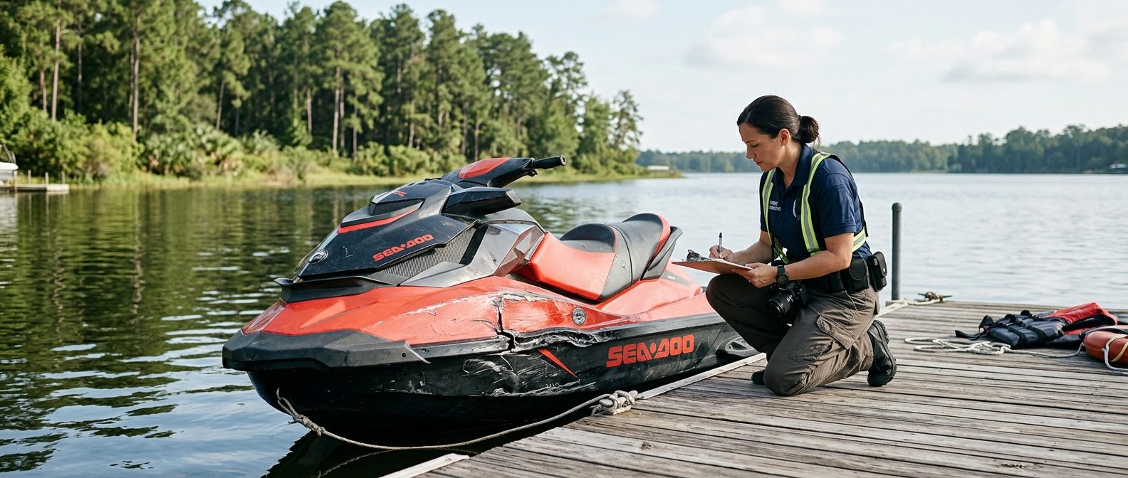 Marine safety investigator examining damaged jet ski at dock after accident.