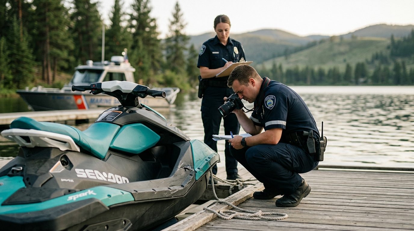 Marine safety investigator examining damaged jet ski at dock.