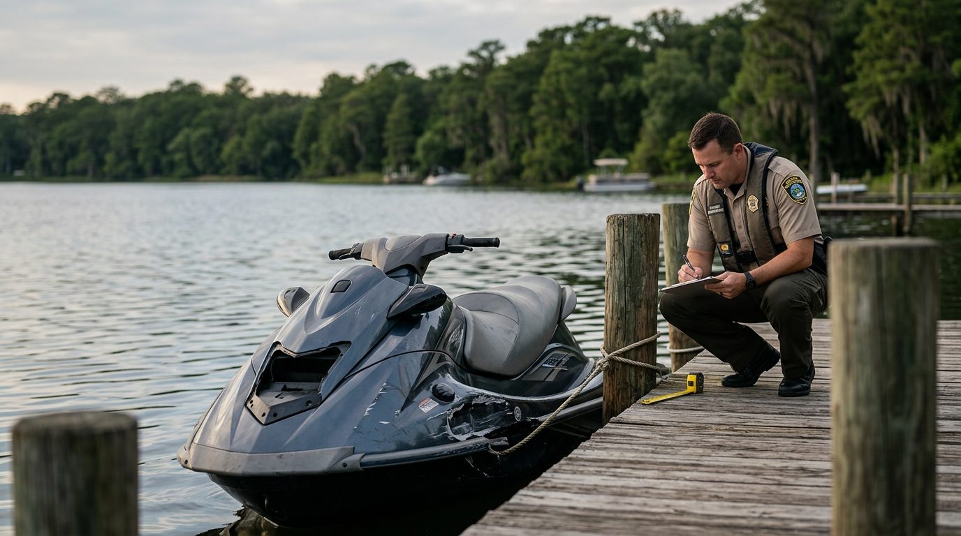 Marine safety investigator examining damaged jet ski at dock.