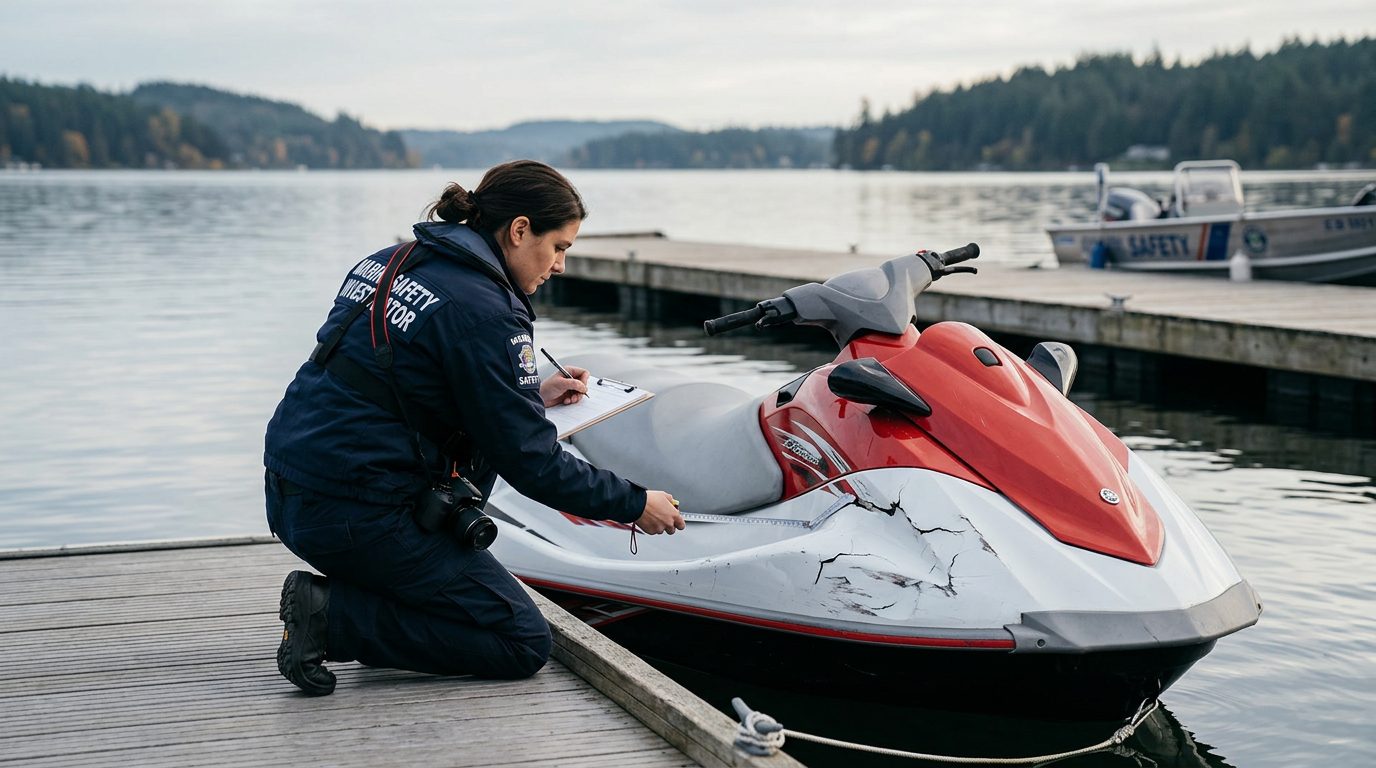 Marine safety investigator examining damaged jet ski at dock after accident.