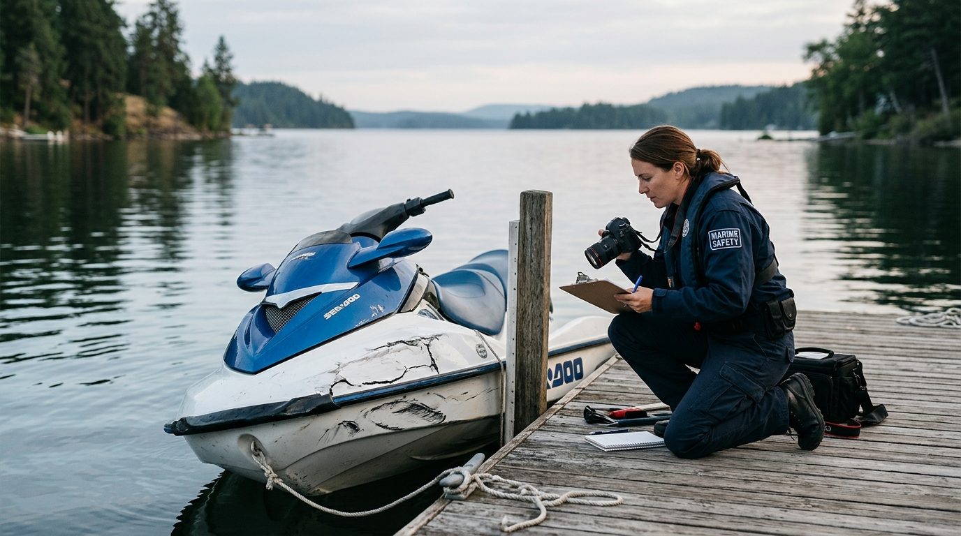 Marine safety investigator examining damaged jet ski at dock.