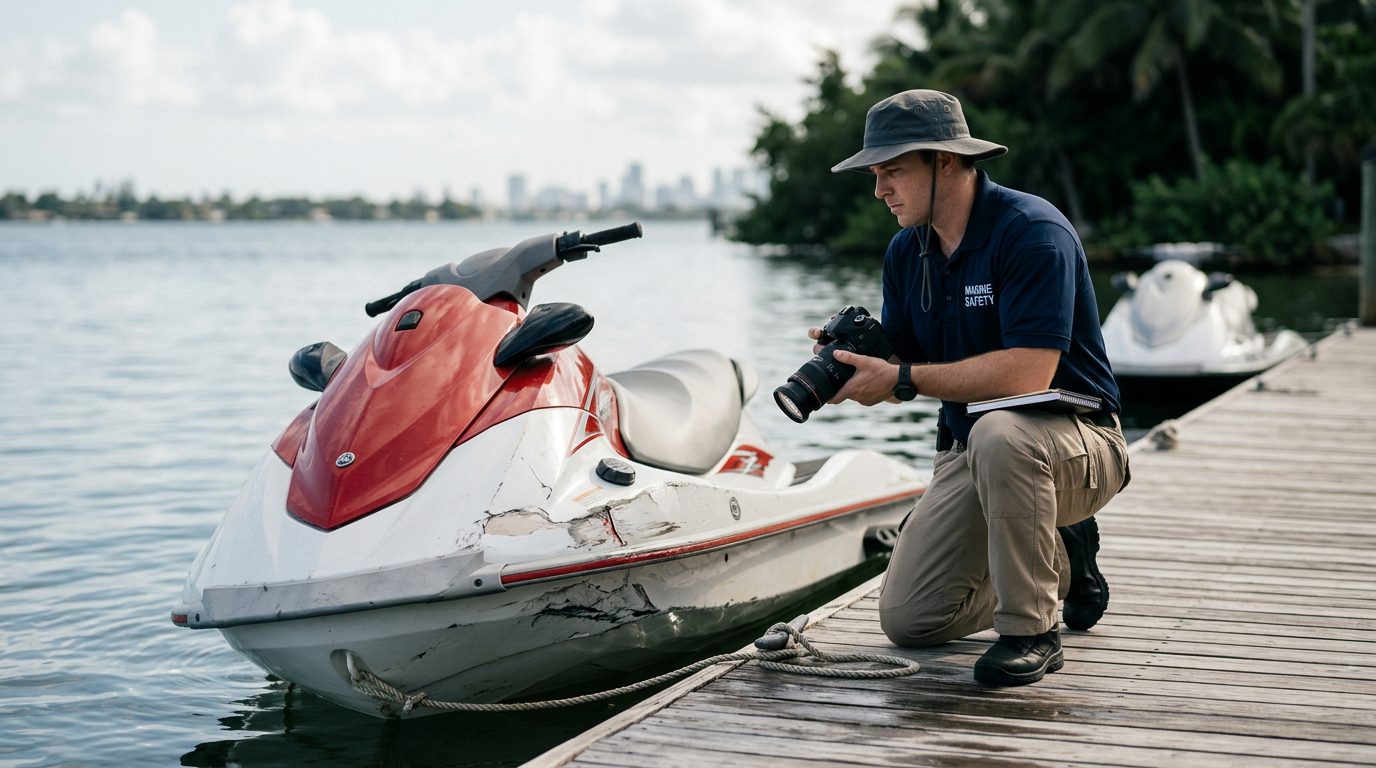 Marine safety investigator examining damaged jet ski at dock.