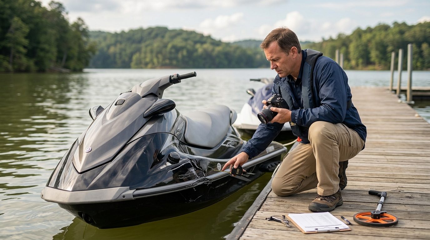 Marine safety investigator examining damaged jet ski at lakeside dock.