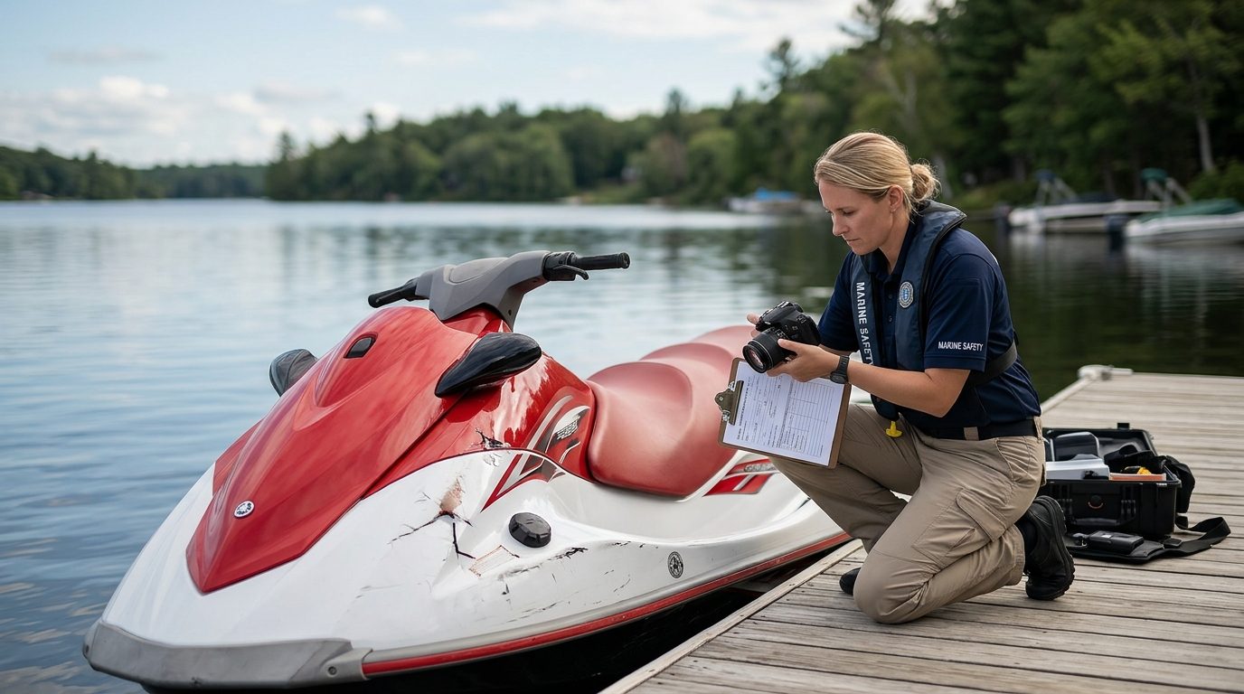 Marine safety investigator examining damaged personal watercraft at dock.