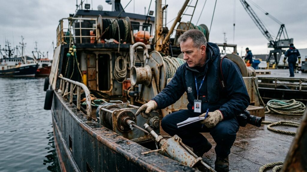 Maritime accident investigator documenting failed deck equipment on commercial fishing vessel.