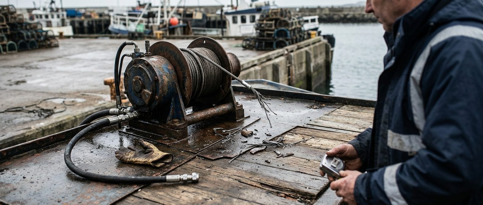 Maritime accident investigator examining failed deck equipment on fishing vessel at dock.