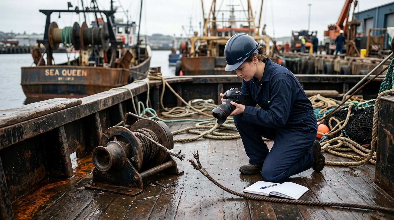 Maritime accident investigator examining failed deck equipment on commercial fishing vessel.
