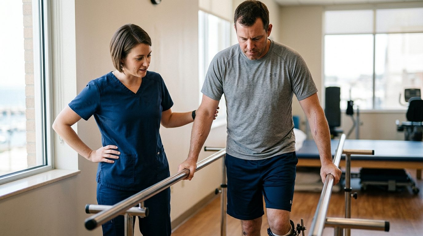 Maritime injury survivor doing physical therapy exercises with therapist in rehabilitation facility.