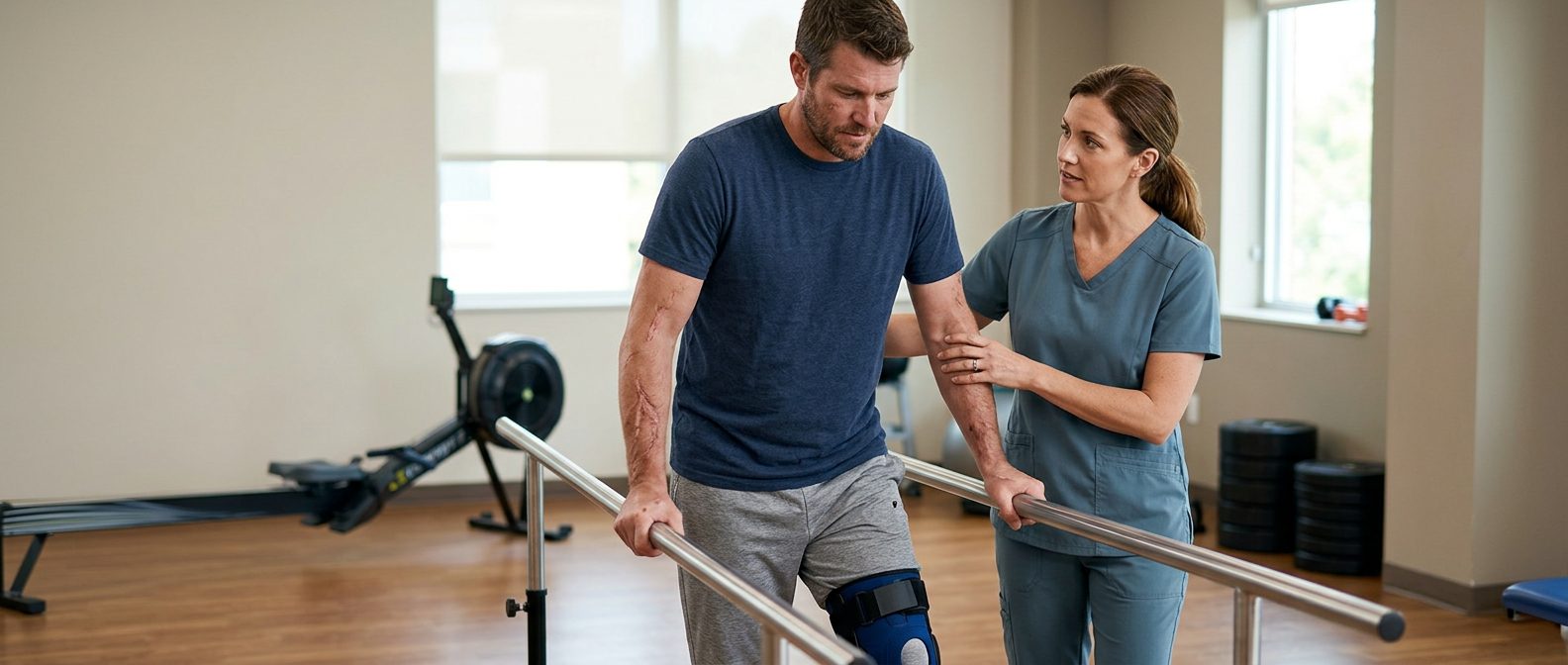Maritime injury survivor working with physical therapist on mobility recovery in rehabilitation facility.