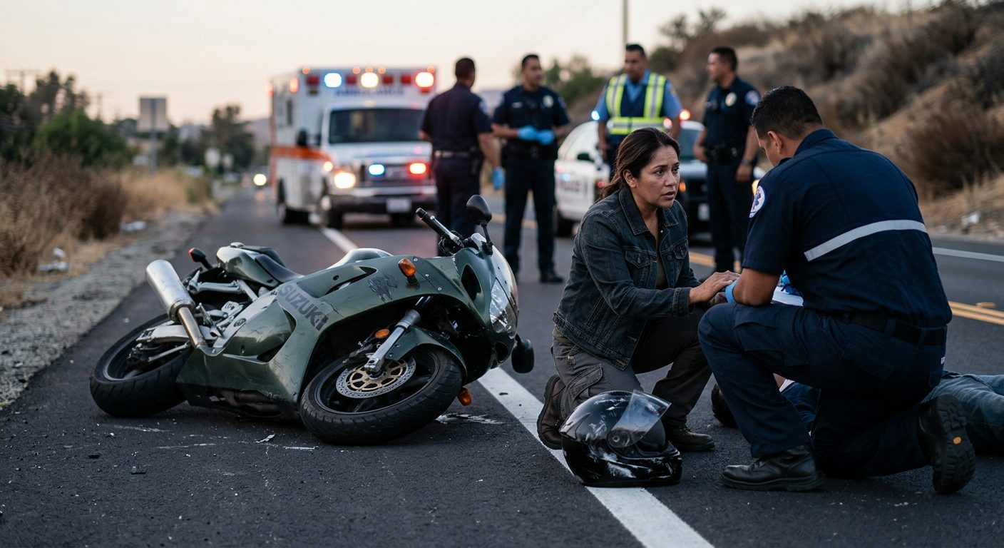 the aftermath of a serious motorcycle collision on a roadside at dusk, a damaged motorcycle and a scuffed helmet resting on the pavement, non-graphic, featuring Hispanic and Latino people