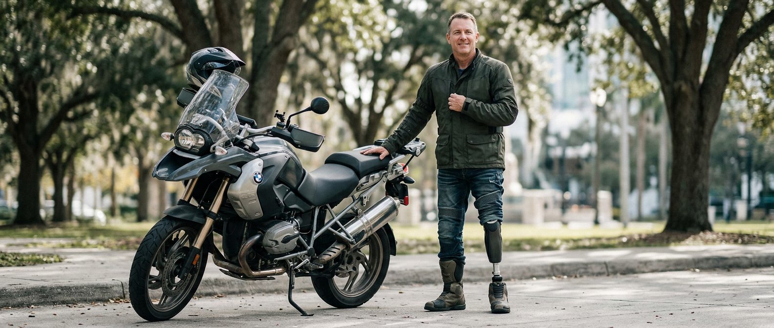 Motorcycle rider with prosthetic leg standing confidently beside parked motorcycle after accident recovery.