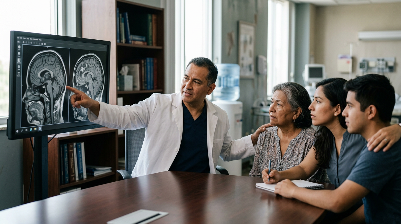 Neurólogo revisa imágenes cerebrales con una familia latina tras una lesión cerebral traumática.