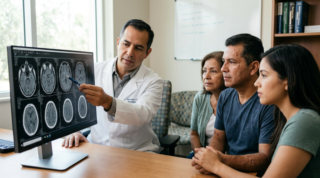 Neurólogo revisa imágenes cerebrales con una familia latina tras una lesión cerebral traumática.