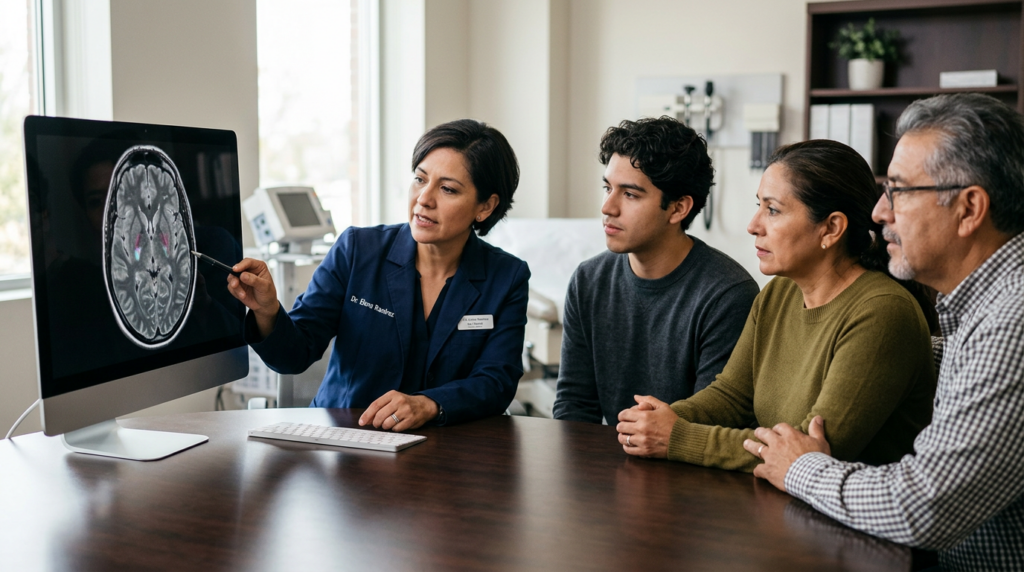 Neurólogo revisa imágenes cerebrales con una familia latina tras una lesión cerebral traumática.